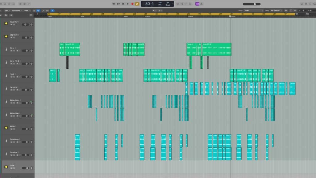 recorded vocal organised and collared in daw Logic Pro